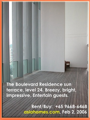 Upscale Singapore condo. The Boulevard Residence 24th level sun terrace. +65 9668-6468 Asiahomes.com