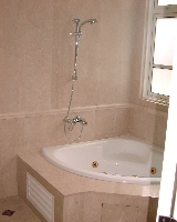 Spacious marble clad master bathroom with jacuzzi bath tub. 